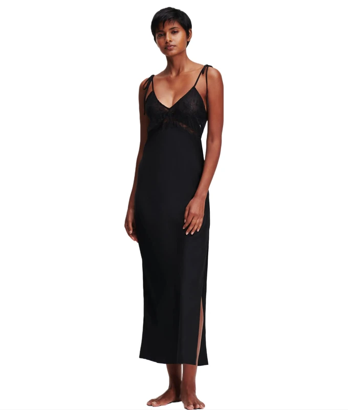 KARL LAGERFELD Women's Lace Trim Maxi Negligee, Black, X-Small