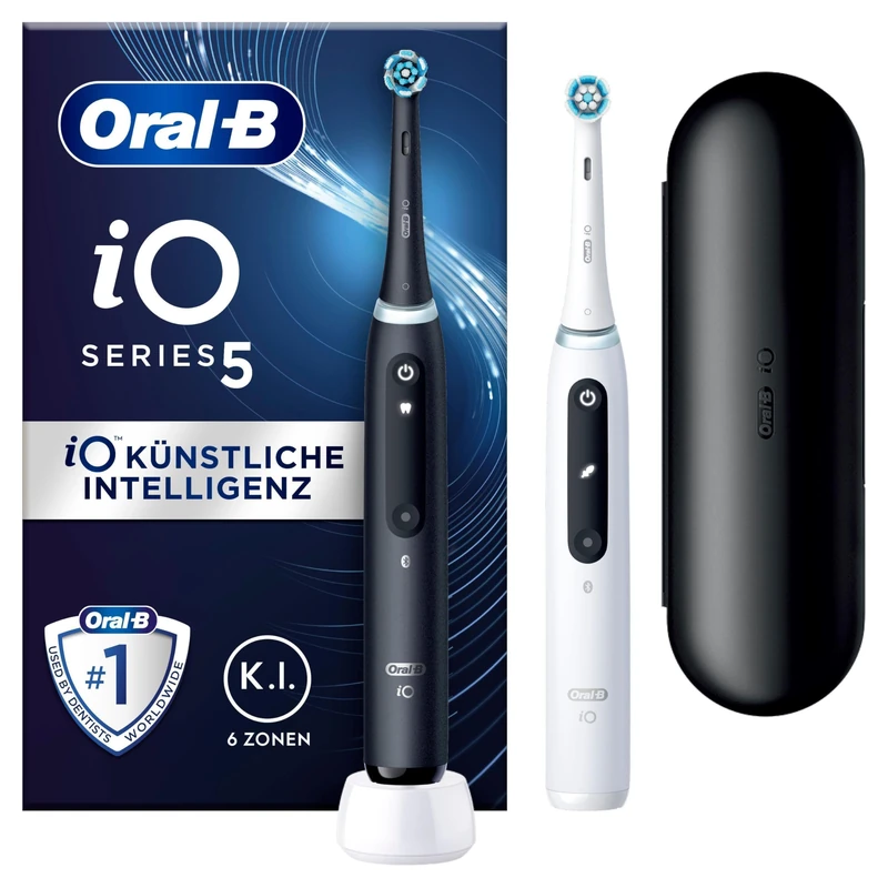 Oral-B iO Series 5 Electric Toothbrush, Twin Pack, Magnetic Technology, 2 Replacement Brushes, 5 Cleaning Modes for Dental Care, LED Display & Travel Case, Designed by Braun, Black/White - Image 1