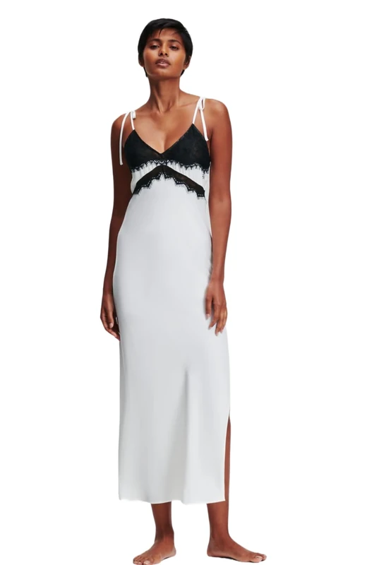 KARL LAGERFELD Women's Lace Trim Maxi Negligee, Ivory, Medium