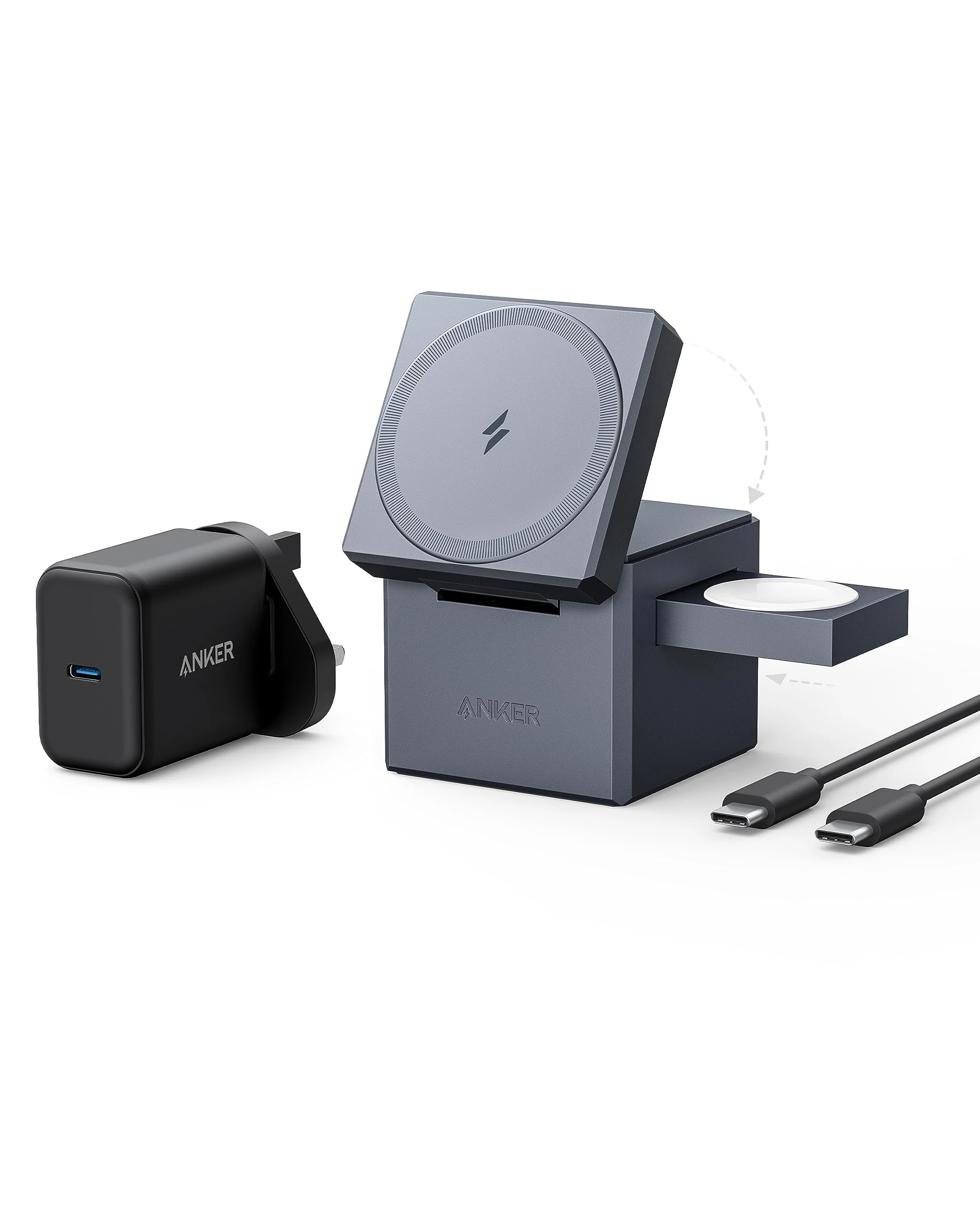 Anker 3-in-1 Cube Compatible with MagSafe - 15W Fast Charging, Foldable Wireless Charge Station for Apple Watch, iPhone 17/16/15/14/13, and AirPods Pro (Charger and Interchangeable Plugs Included)