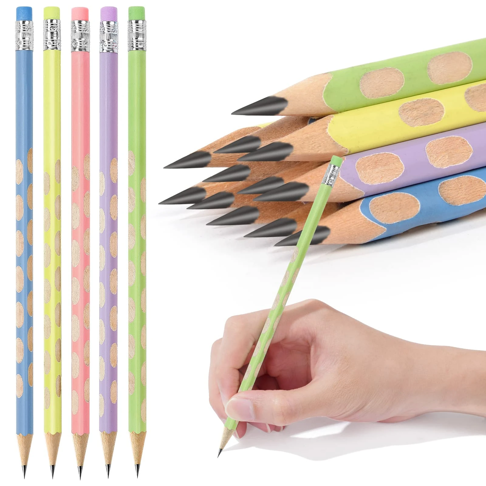 AUAUY 12Pcs HB Pencil Non-Slip, Multicolor Writing Drawing Graphite Pencils with Eraser, HB Wooden Black Lead Pencils for Student Adults School Office Wedding Party(Hole Pencil)