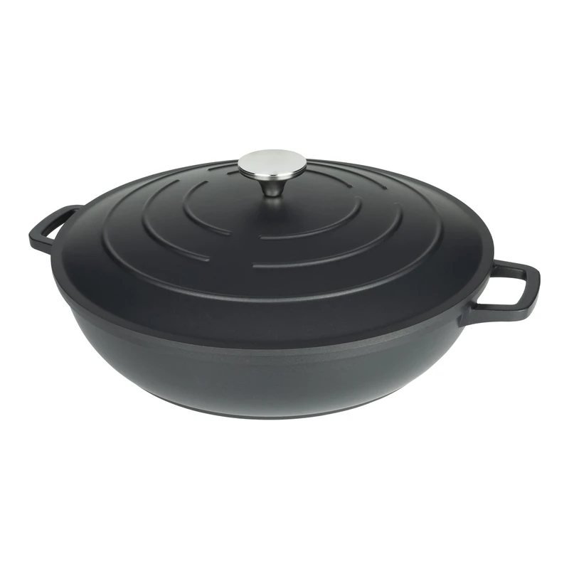 Commichef XR-L32BK 32cm Cast Aluminium Shallow Casserole Dish, Suitable for Oven and All Types of Hob, Perfect for Stews and Casseroles, Black