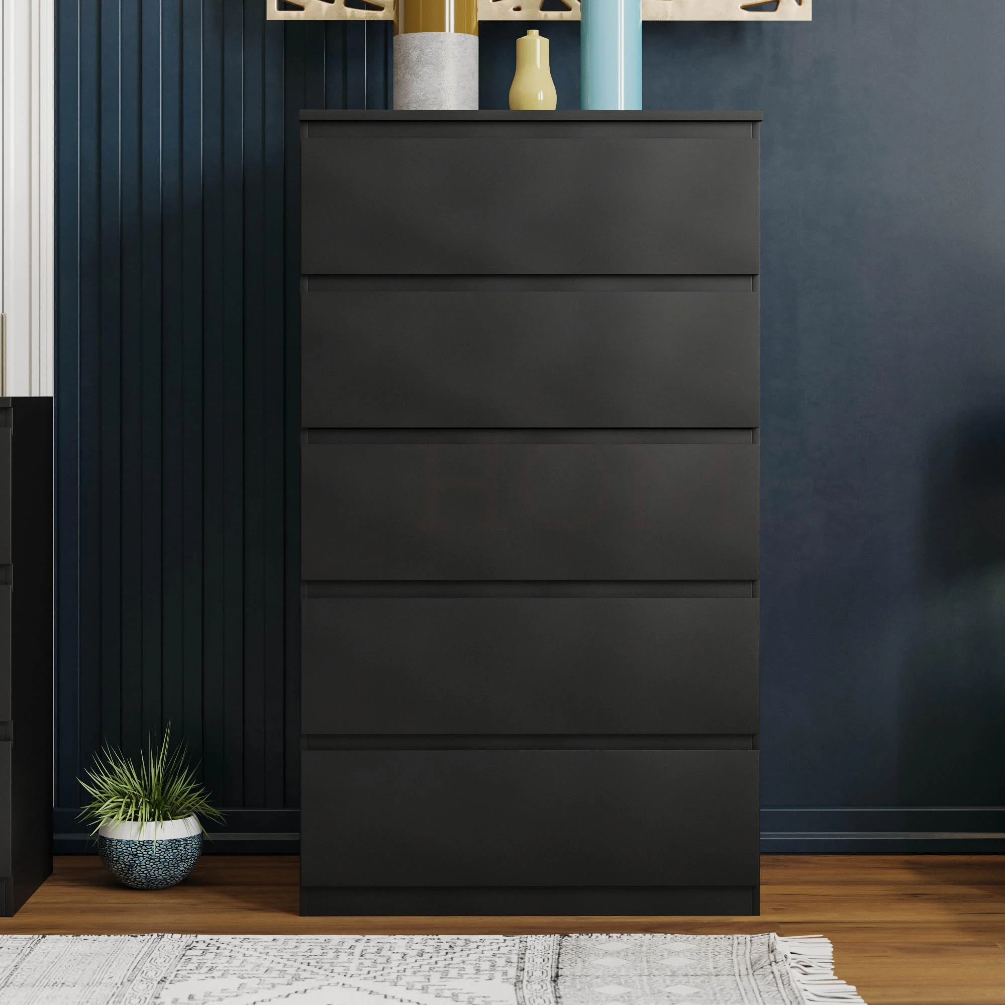 Vida Designs Denver 5 Drawer Chest of Drawers Black – Modern Wooden Storage Unit