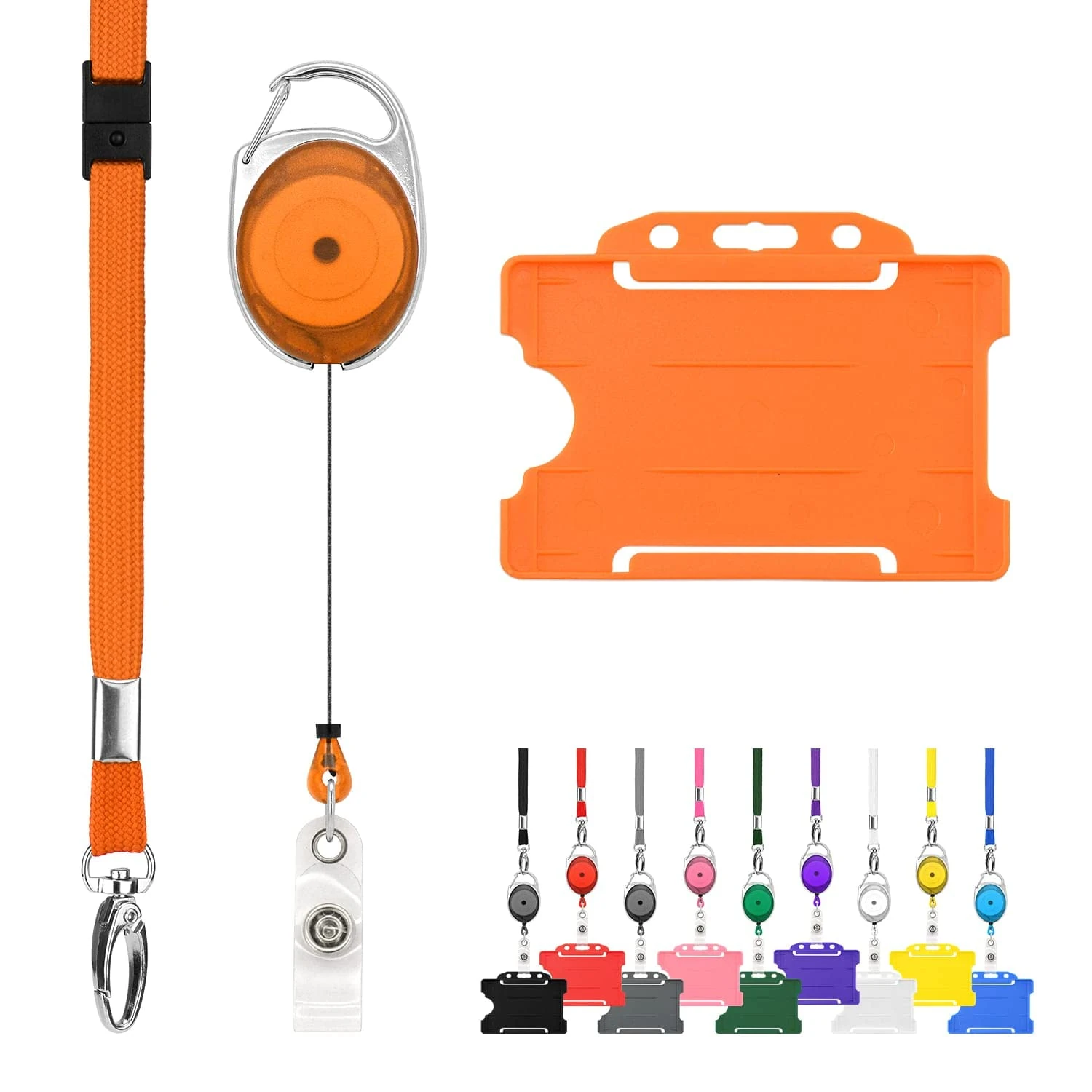 Retractable Lanyard and Badge Holder Trio Triple Pack by LanyardsTomorrow - Set Includes A Single Plain Lanyard, Extendable Carabiner Yoyo Reel Clip and Rigid ID Card Holder (Orange)