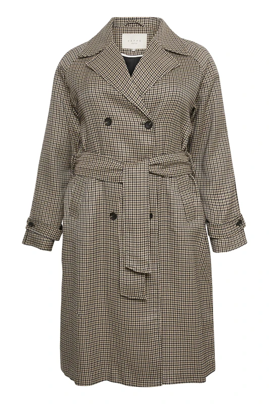 Kaffe Curve Women's Kcoly Trench Coat, Houndstooth/Sand/Blue Check, UK 16