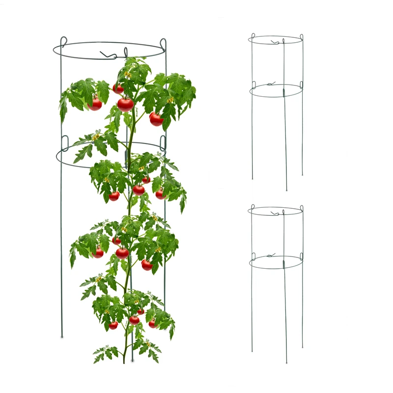 Relaxdays Tomato & Cucumber Creeper Set of 3, Metal, Round Plant Support, HxD: 76 x 26 cm, 2 Rings, Tower, Green, Steel, 76x26x26cm