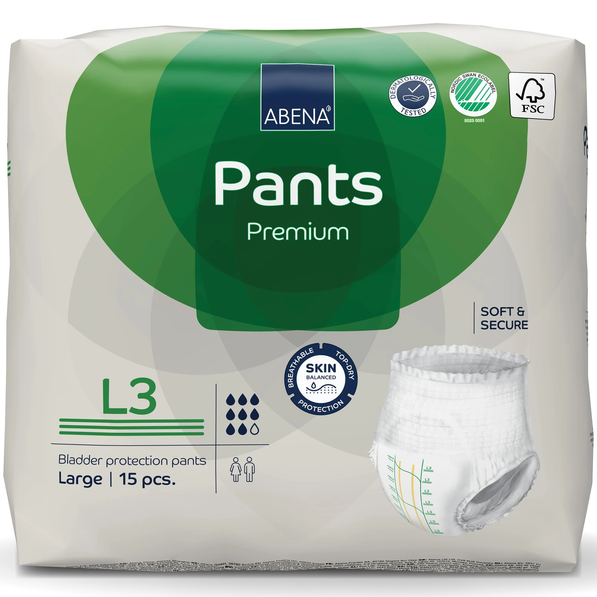 Abena Pants Premium Pull-Up Incontinence Pants, Eco-Labelled Incontinence Pants for Men & Women, Discreet, Protective, Breathable, Comfortable - Large 3, 100-140cm Waist, 2200ml Absorbency, 15PK