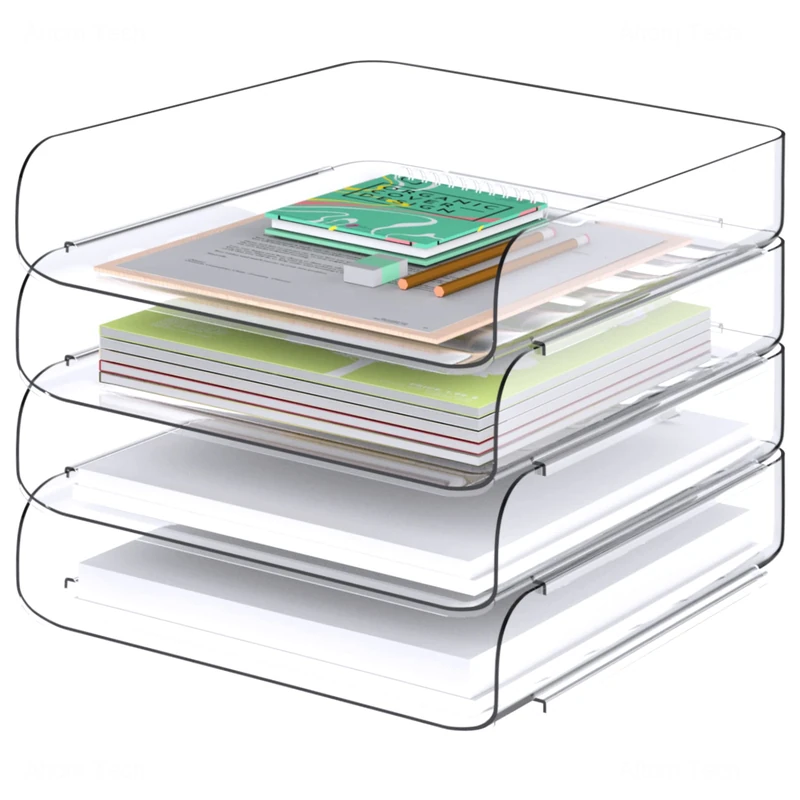 Tomorotec Desk Letter Tray Set, A4 Size Clear PET Stackable Document Organizer Office Desktop File Paper Holder Book Storage Rack Side Load Anti-Skid Stacking Support Convex Bottom (4X Portrait)