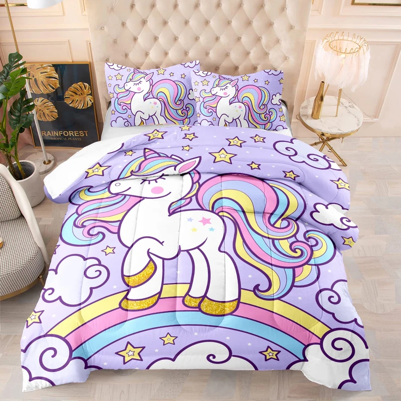 Axolotl Regenbogen-Einhorn-Bettwäsche-Set, volles, violettes Einhorn-Kinder-Bettwäsche-Set mit Sternenwolke für Mädchen, Schlafzimmer, Dekoration für alle Jahreszeiten