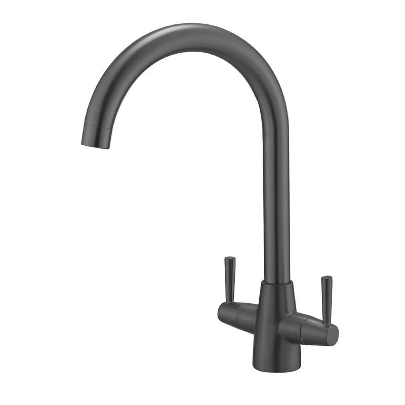 Heable Kitchen Mixer Tap Dual Lever Swivel Spout Grey Sink Taps with UK Standard Fittings