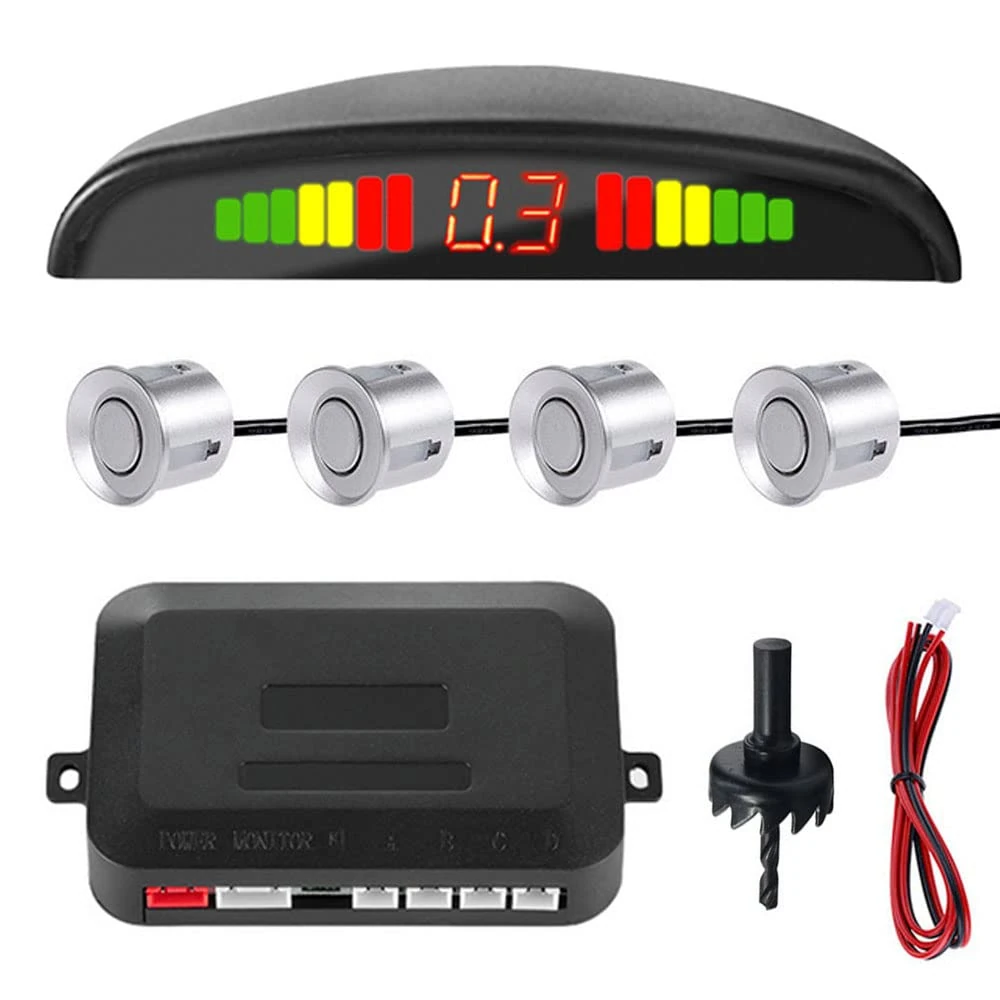 MOCNT Car Reverse Parking Sensors Car Rear Reverse Parking Radar System Car Parking Sensor Kit 4 Rear Sensor Auto Sound Alarm Alert Reverse Backup Radar Display Silver
