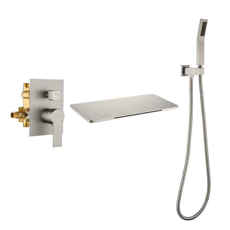 SHAMANDA Waterfall Bathtub Faucet with Sprayer, Wall Mount Tub Filler with Hand Shower, Single Handle Tub Faucet with Handheld ShowerHead(Rough-In Valve Body and Trim Included), Brushed Nickel, L902-2