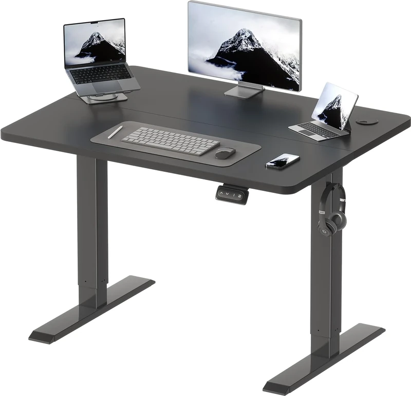 Devoko Electric Standing Desk 100x60cm Sit Stand Table Height Adjustable Desk with Backpack Hook and Memory Smart Pannel, Home Office Table with Splice Board, Black