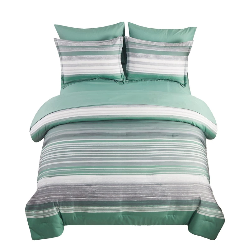 KAKIJUMN 7 Piece Bed in a Bag Stripe Comforter Set Full Size, White Grey Sage Green Patchwork Striped Comforter and Sheet Set, Sage Green, Full(7 Piece Set)
