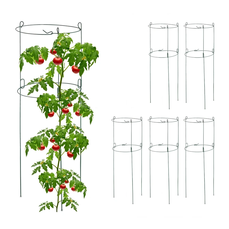 Relaxdays Tomato & Cucumber Creeper Set of 6, Metal, Round Plant Support, HxD: 76 x 26 cm, 2 Rings, Tower, Green, Steel, 76x26x26 cm