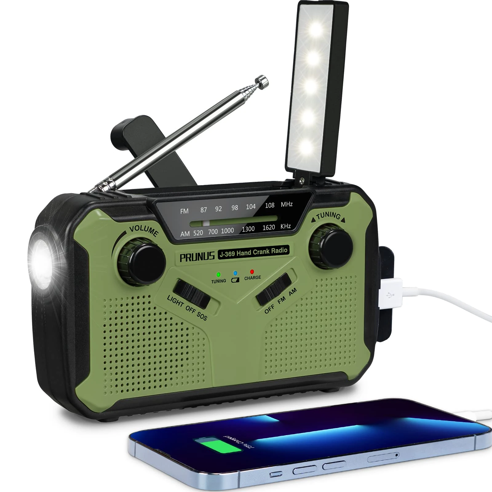 Wind Up Radio, PRUNUS J-369 Survival Equipment, AM/FM Portable Radios, Battery Radio with 3000mAh Power Bank, Solar Radios with Torch, Reading Lamp and SOS Alarm for Emergencies (Green+Black)