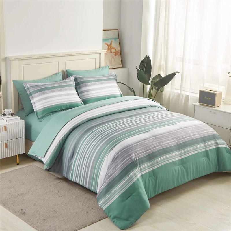 KAKIJUMN 7 Piece Bed in a Bag Stripe Comforter Set Queen Size, White Grey Sage Green Patchwork Striped Comforter and Sheet Set, All Season Soft Microfiber Complete Bedding Sets(Green,Queen)
