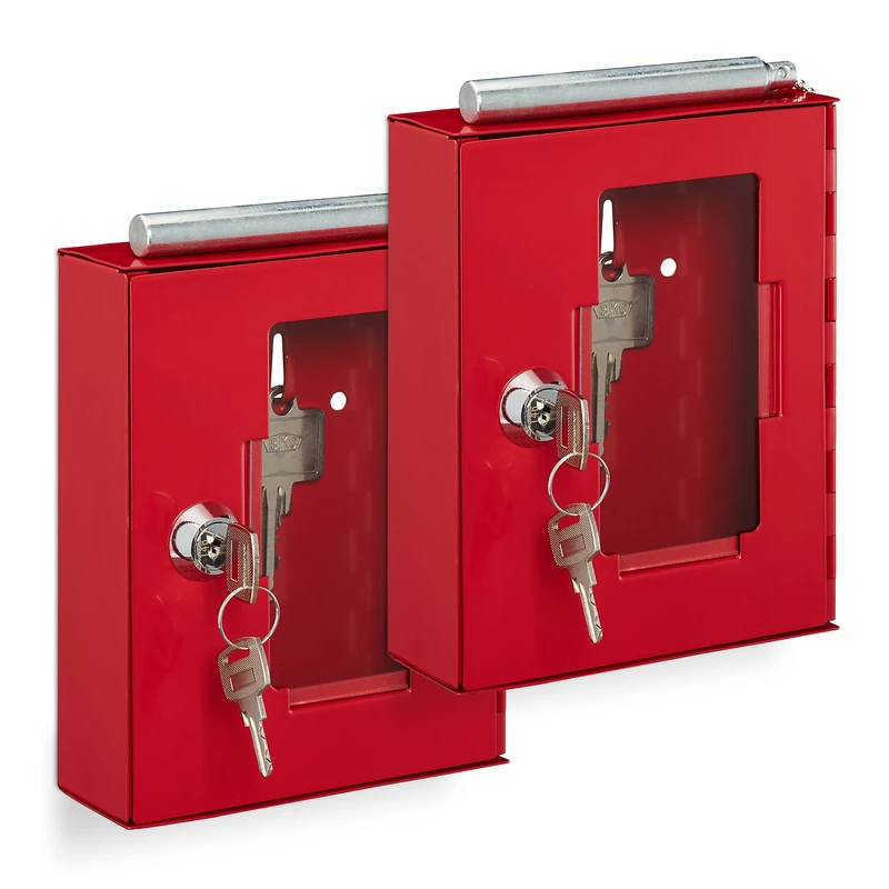 Relaxdays Emergency Key Box, Set of 2, with Glass Pane, Hammer, Lockable, Metal, Household, Practical, Helpful, Red, Iron, 15 x 12 x 4 cm