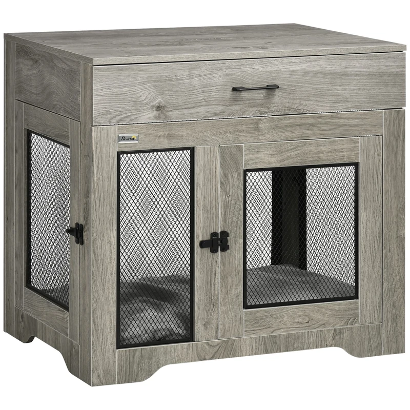 PawHut Modern Pet Crate End Table w/Double Doors, Drawer, for Medium Dogs