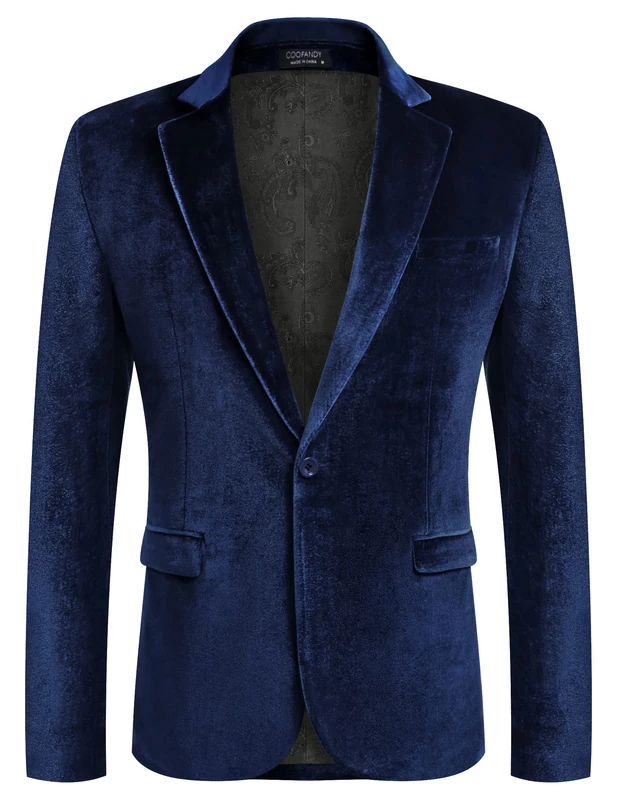 Coofandy Men's Velvet Blazer Notched Lapel Velour Suit Jacket One Button Tuxedo Jackets for Wedding Prom Party Dinner, Dark Blue, S