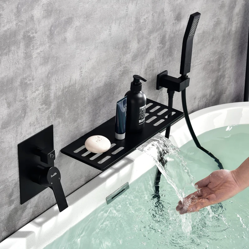 SHAMANDA Wall Mount Bathtub Faucet with Sprayer, Waterfall Tub Filler with Handheld Showerhead, Single Handle Tub and Shower Faucet Combo Set with Rough-in Valve Body and Trim, Matte Black, L903-7