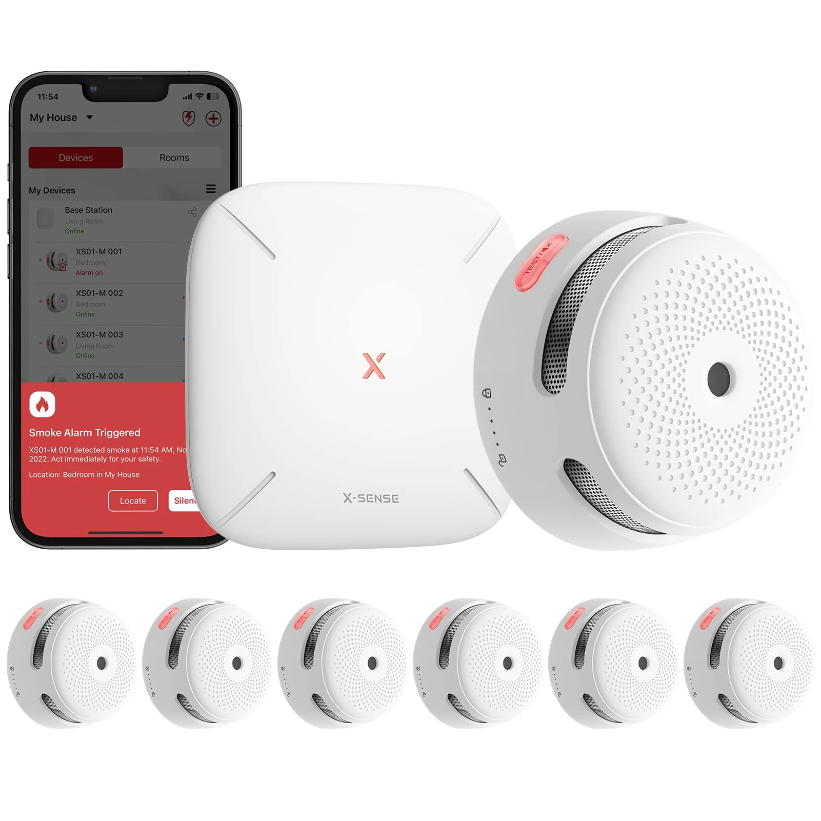 X-Sense Wi-Fi Smoke Alarm XS01-M with SBS50 Base Station Kit, Wireless Smoke Detector Home Security System, Compatible with X-Sense Home Security APP, FS61