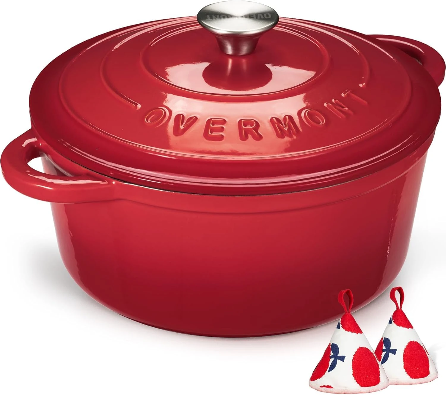 Overmont 26cm/5.2L Enamelled Cast Iron Round Casserole Dish With Lid,5.5QT, Cookbook -Non-stick Dutch Oven for Braising, Stews, Roasting, Bread Baking - Cherry red