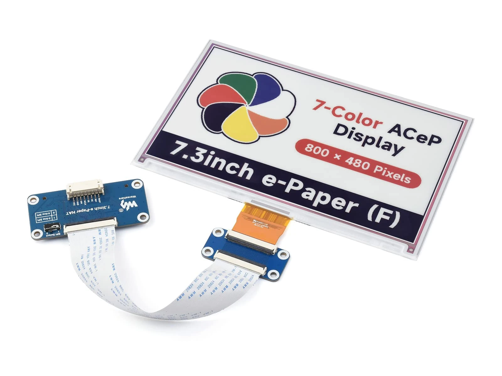 Waveshare 7.3inch ACeP 7-color E-Paper HAT(with PCB), 800x480 Resolution, SPI Interface, Low Power Consumption, Wide Viewing Angle, Paper-Like, for Shelf Label/Industrial Instruments, etc