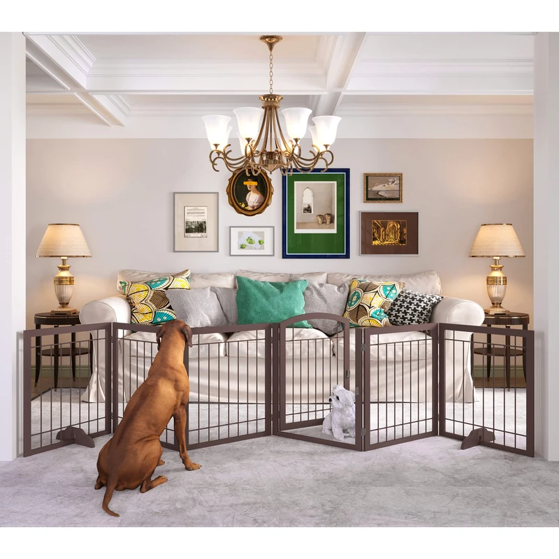 JSB 144-inch Extra Wide 30-inch Tall Dog gate with Door Walk Through, Freestanding Pet Gate for Halls, Stairs & Home, Pet Puppy Safety Dog Fence with 2PCS Support Feet (Espresso)