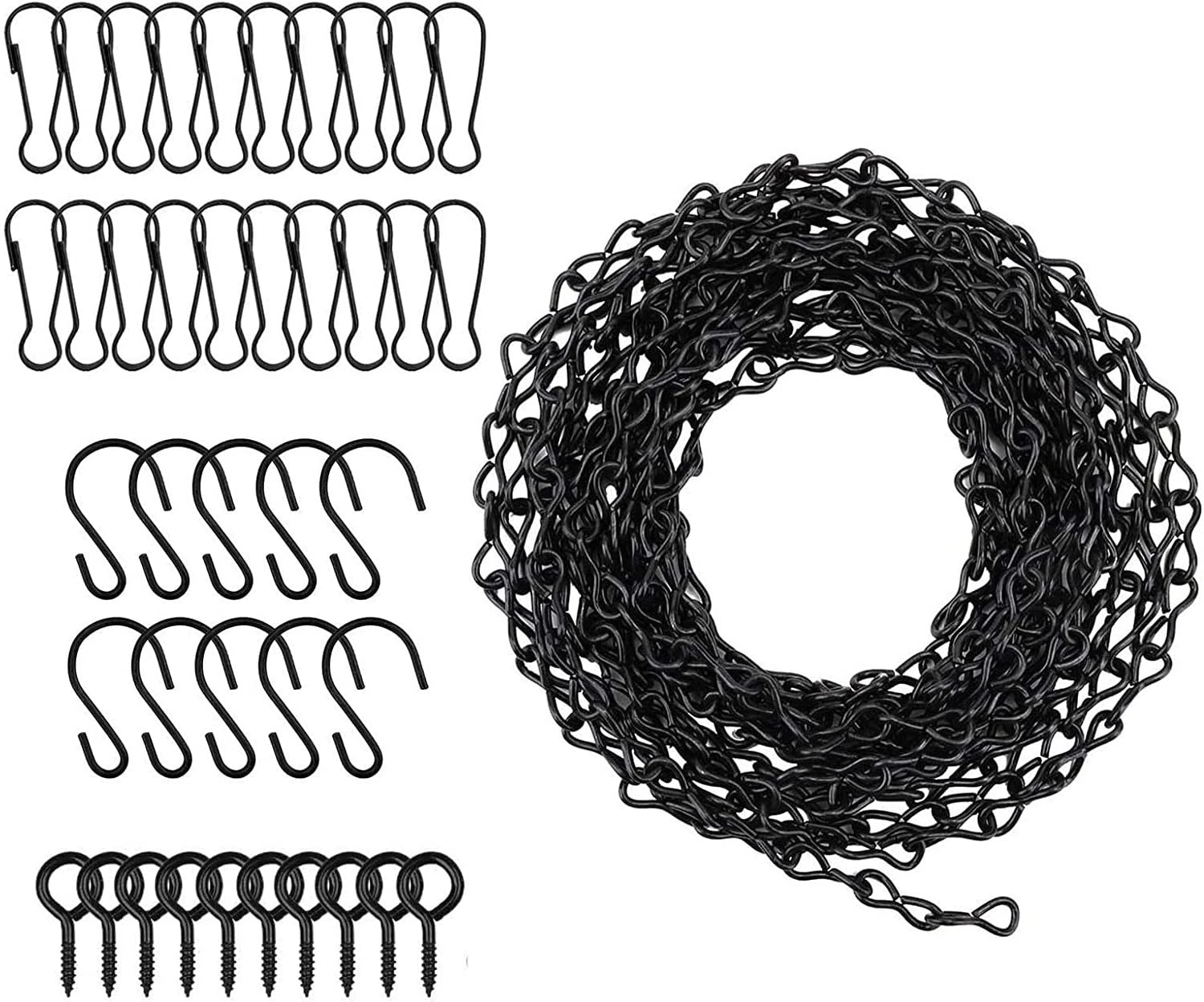 KAHEIGN 500CM Adjustable Hanging Chains with 10Pcs Hooks, 20Pcs Clips, 10Pcs Screw Eye Hook, Black Steel Chain for Hanging Bird Feeders, Planters, Billboards, Chalkboards, Lanterns, Ornaments