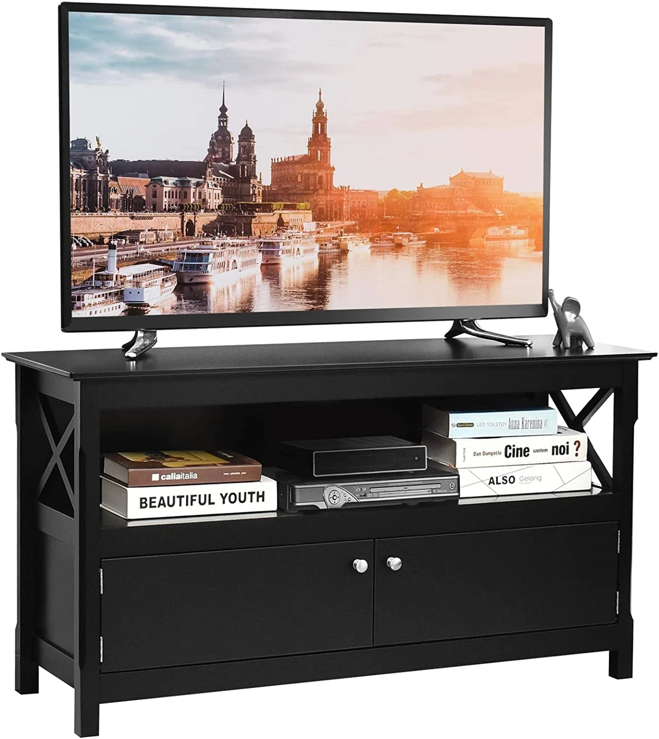 MEDIMALL TV Stand for TVs up to 50 Inches, Media Console Cabinet with Shelf, 2 Doors & Cable Management Hole, Entertainment Center, TV Cabinet for Living Room & Bedroom, Black/Grey/Brown (Black)