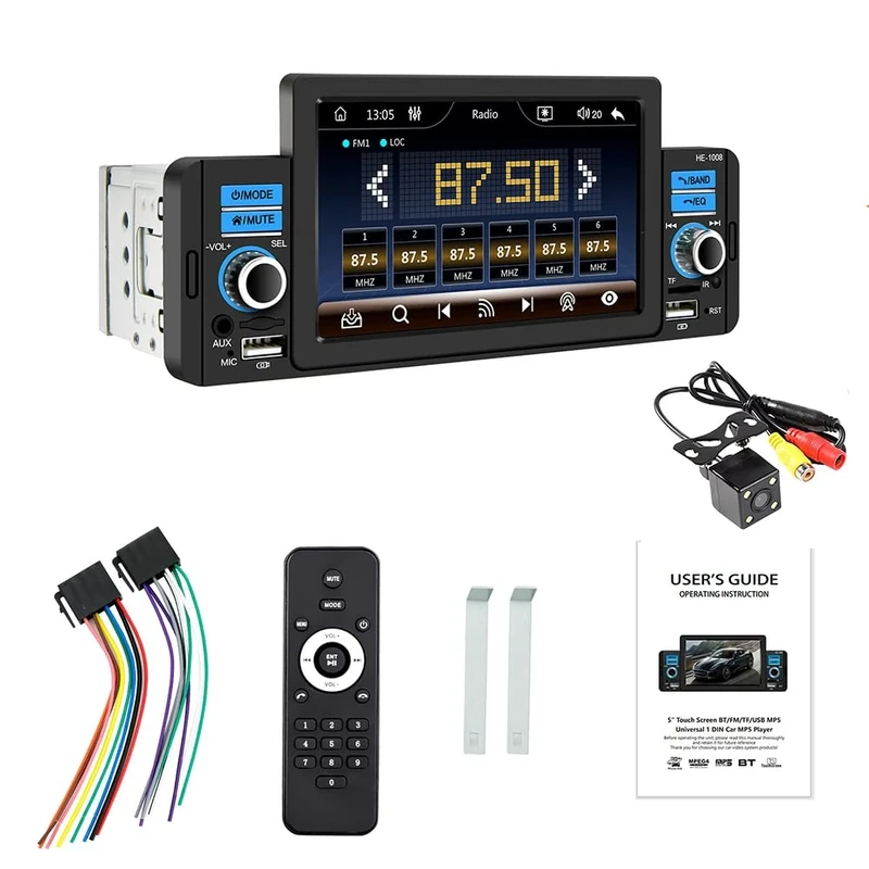 VIGORFLYRUN Car Stereo Bluetooth 1 Din Carplayer Android Auto 5 Inch Touchscreen Car Radio with FM Radio Mirror Link USB Input Fast Charging + Reverse Camera + Remote Control