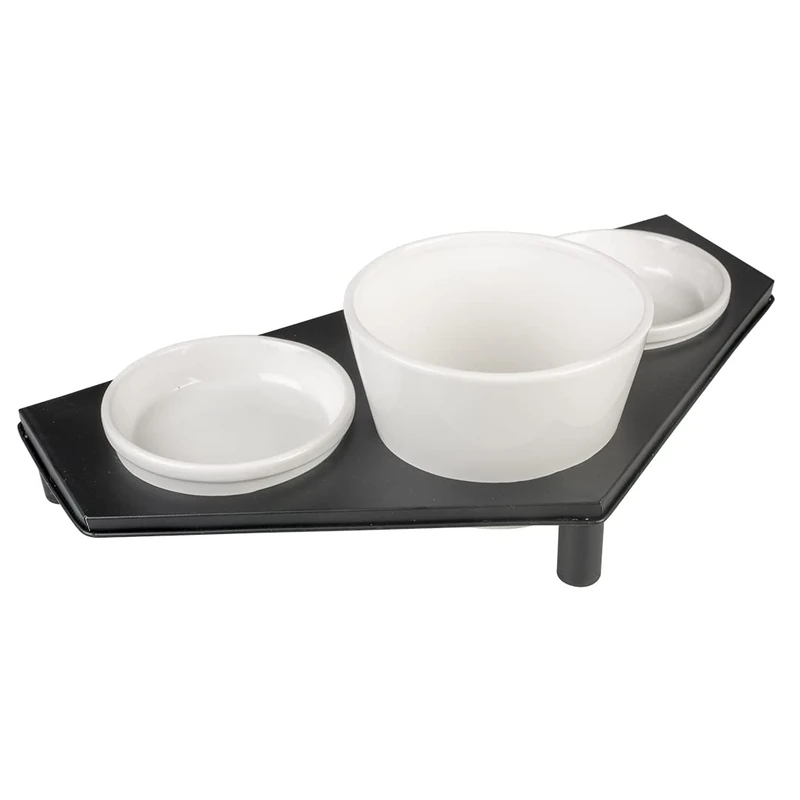 duvoplus, Dinner Set Stone UP Triangle 200 ml - 41.8 x 21.8 cm White/Black Steel Stand Glazed Ceramic for Wet Food, Dry Food and Water, Dishwasher Safe