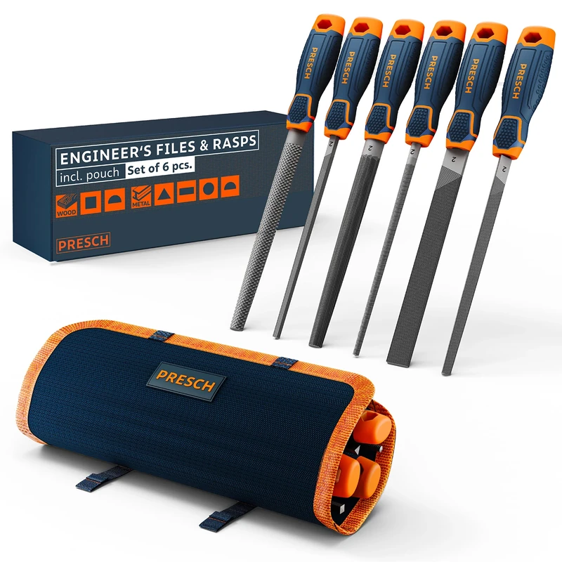Presch File Set Metal and Wood 6 pcs. with Bag - Professional File Set incl. Half-Round rasp, Flat Stump File, Half-Round File, Round File, Triangular File and Square File