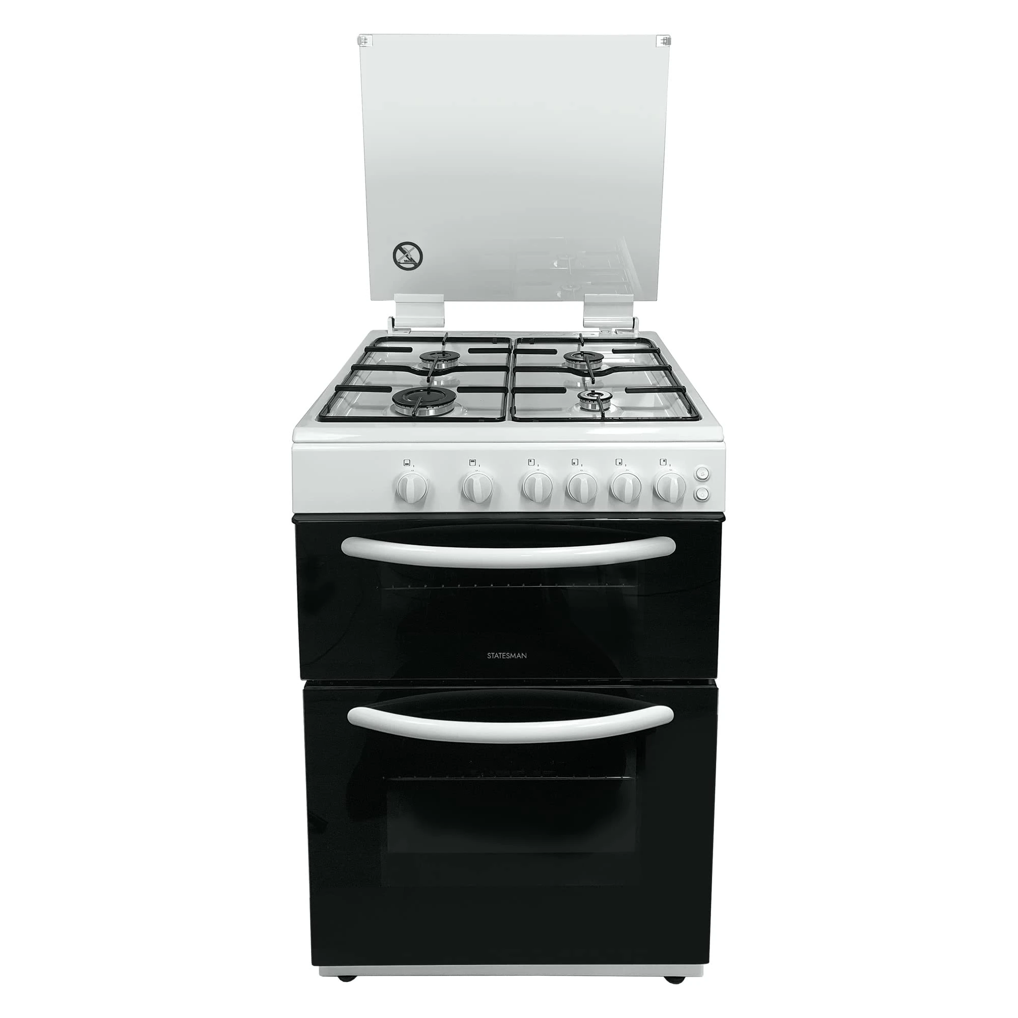 Statesman GDL60W NOVA Double Oven Gas Cooker with Glass Lid & Closed Door Grilling, 4 Gas Burners, 60cm Wide, White