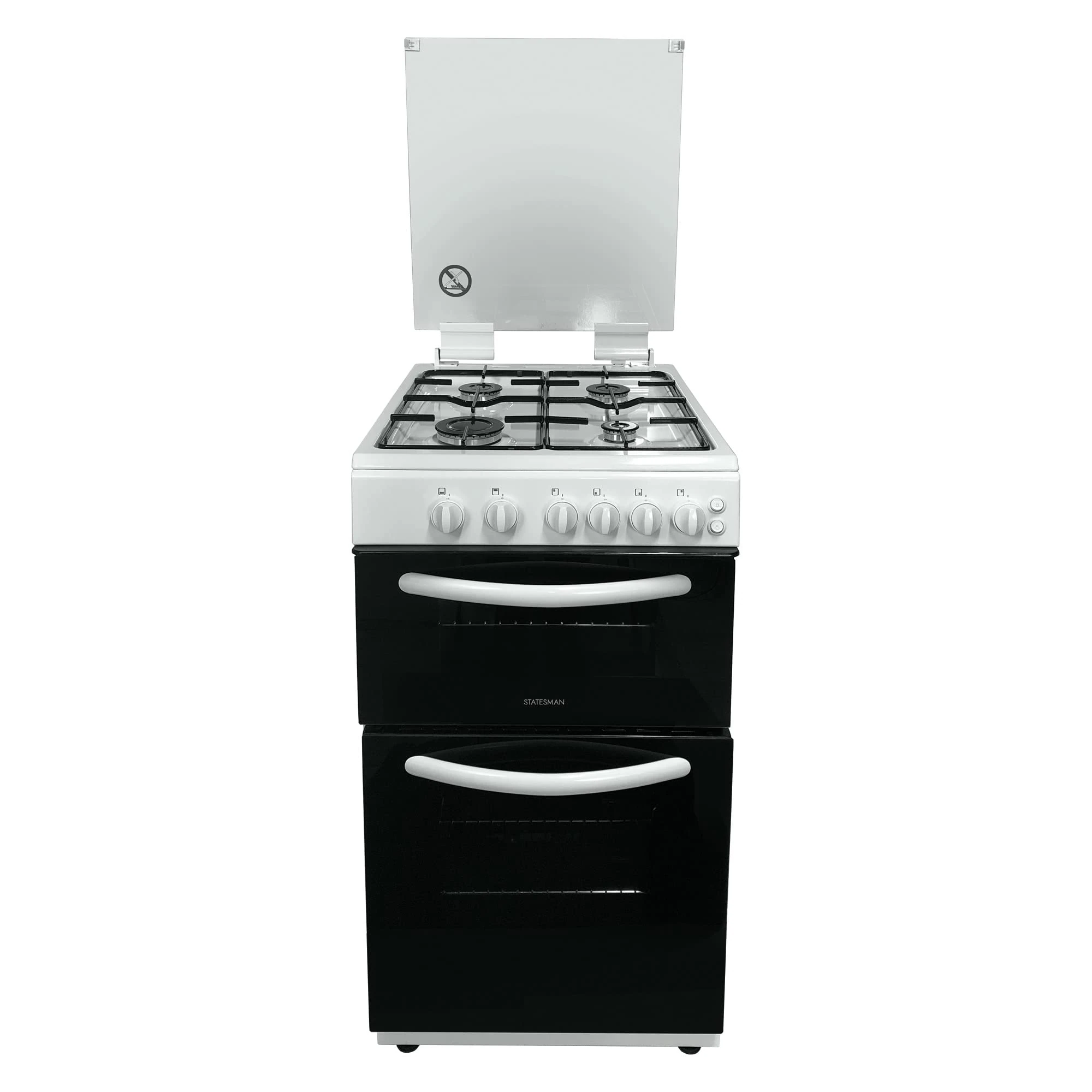 Statesman GTL50W Double Oven Gas Cooker with Glass Lid, 4 Gas Burners, 50cm Wide, White