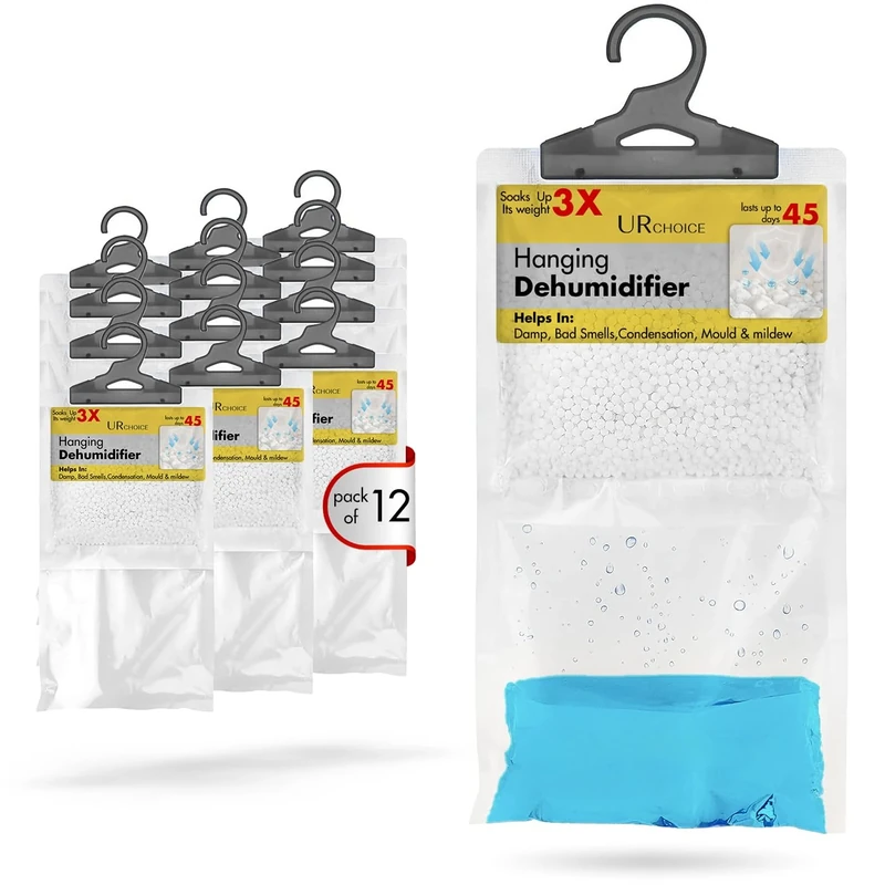 UR CHOICE Wardrobe Dehumidifier Hanging Bags Pack of 12 Disposable Moisture Absorber Damp and Condensation Traps for Home Bedroom Bathroom Kitchen and Wardrobe
