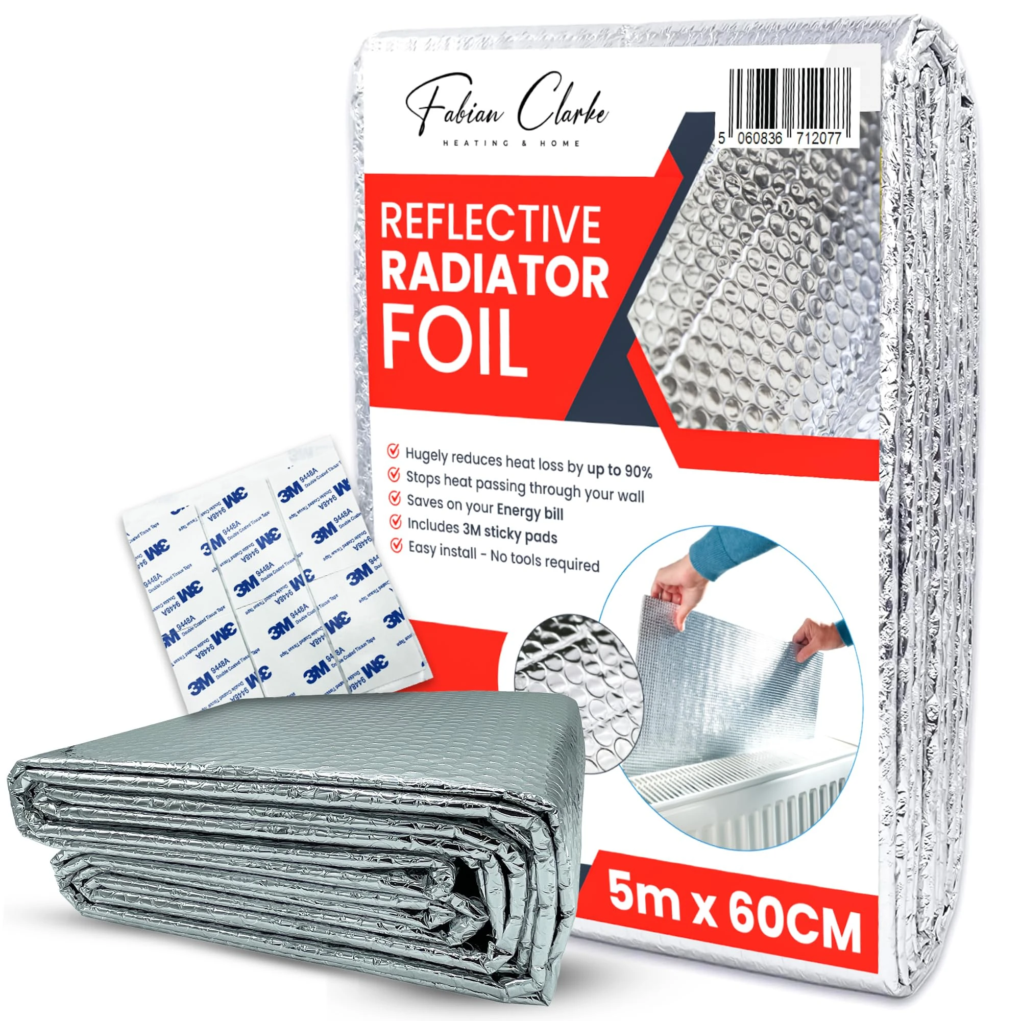 Radiator Foil Reflector Roll 5m x 60cm – Heat Reflective Radiator Foil Panels and Insulation Sheet – Radiator Reflector Foil for Behind Radiators – Thermal Radiator Insulation Includes Sticky Pads