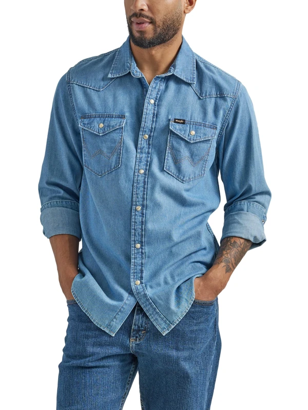 Wrangler Men's Iconic Denim Regular Fit Snap Shirt Button, Lake Wash, Large