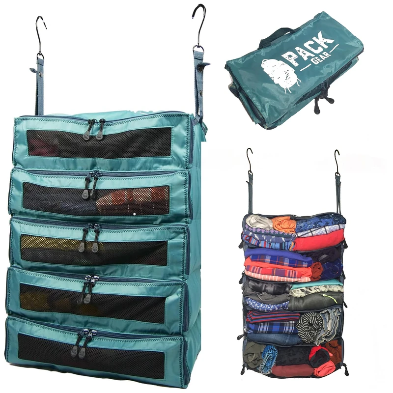 Pack Gear Hanging Suitcase Organizer, Travel Essential Foldable Packing Cubes, Pack Large or Carry On Luggage, Shelf Organizer for Closet (Green) (XL)