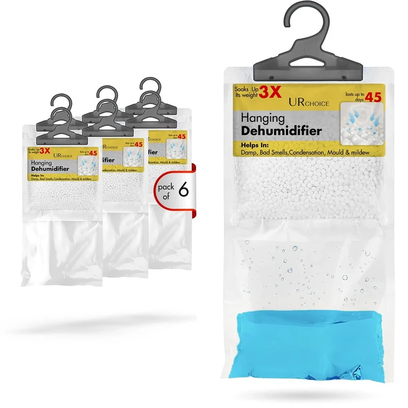 UR CHOICE Dehumidifier Bags Hanging Wardrobe Pack of 6 Disposable Moisture Absorber for Damp Mould and Condensation in Home Bathroom Kitchen Bedroom Caravan Garage Office
