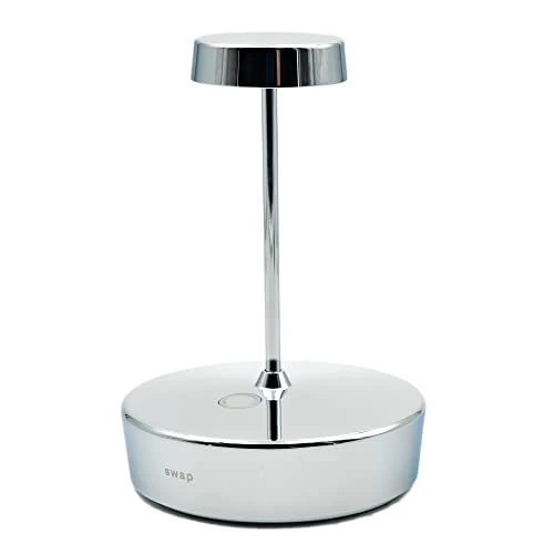 Zafferano, Swap Mini Lamp with Glossy Chrome Finish, Rechargeable Cordless Table Lamp with Touch Controls, Usable as an Indoor Lamp, Dimmer, 2700 K, Height 14.8 cm