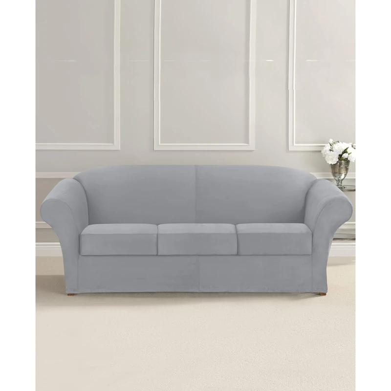 Ultimate Stretch Suede Four Piece Sofa Slipcover | Form-Fitting | Individual Cushion Covers | Machine Washable Sofa/Box Cushion/Light Gray