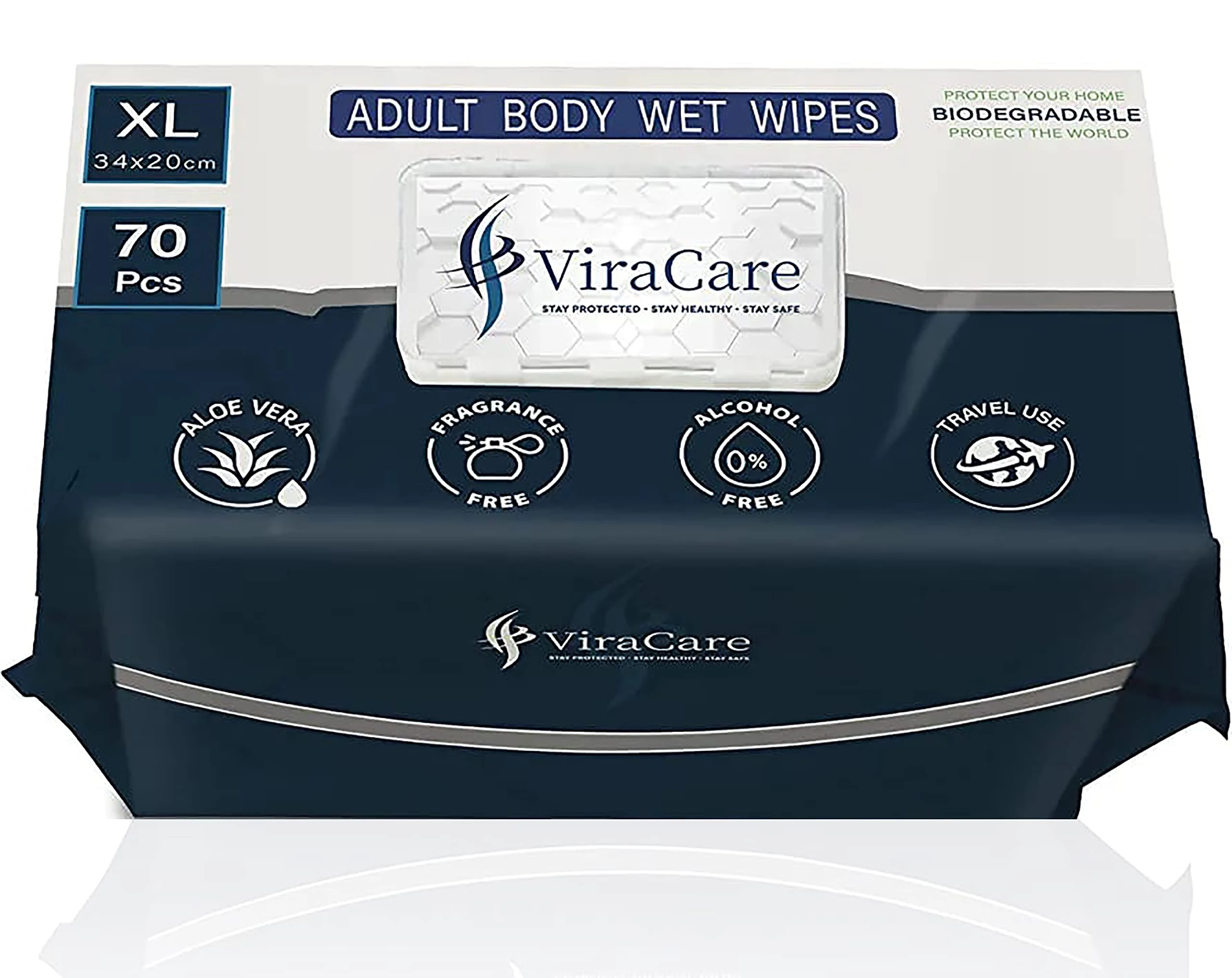 ViraCare 70 x Wet Wipes for Adults | Intimate with Aloe Vera Biodegradable Incontinence Body No Shower Extra Large Size 34 20 cm (1 Pack of 70), 70.0 count