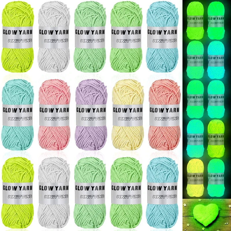 15 Rolls Glow in The Dark Yarn Luminous Knitting Crochet Yarn for Crocheting DIY Glow Fingering Weight Yarn for DIY Arts Crafts Sewing Glow in The Dark Party Supplies, 820 yd Roll