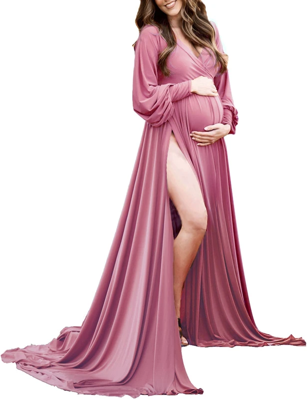 ChoiyuBella Baby Shower Gown Gown Maternity Dress - Side Slit - Soft Heart - Maxi Photo Shoot for Photography, Light Purple, XL