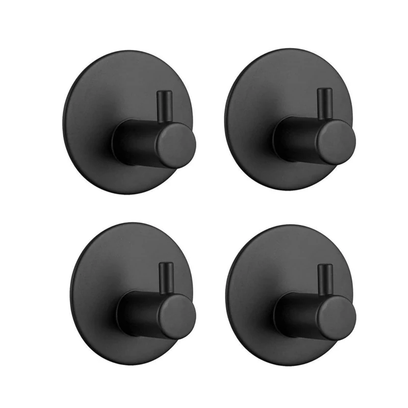 Feligio Self Adhesive Hooks Black 4 Pack, Stainless Steel Door Hooks, Sticky Hooks for Hanging Towels and Tea Towels, Sticky Wall Hooks for Kitchens and Bathrooms Shower