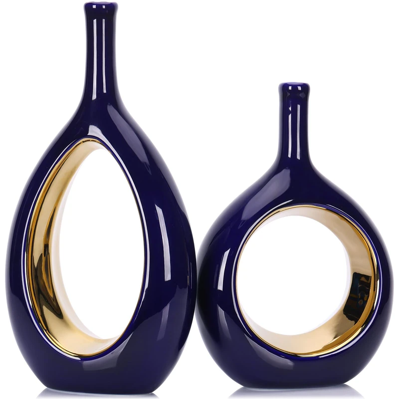 Blue and Gold Vase Ceramic Blue Vases Home Decor,Modern Minimalist Circle with Hole Decorative Vase, Hollow Ellipse Flower vases for Bookshelf, Fireplace Mantle, Centerpieces,Farmhouse,Rustic Décor