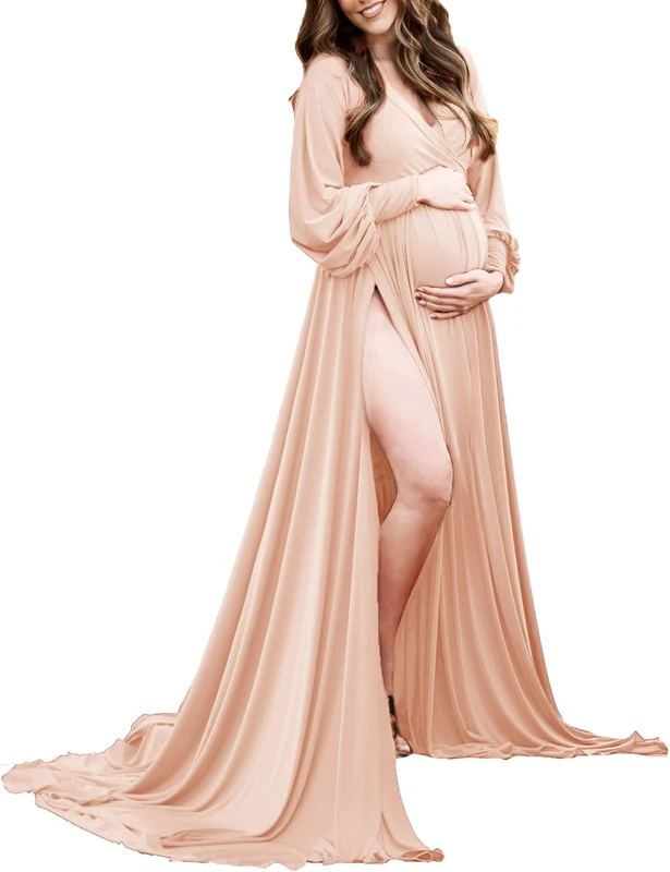 Maternity Gown Bishop Sleeves Baby Shower Dress Wrap Side Slit Sweetheart Maxi Photo Shoot for Photography, 39champagne, L