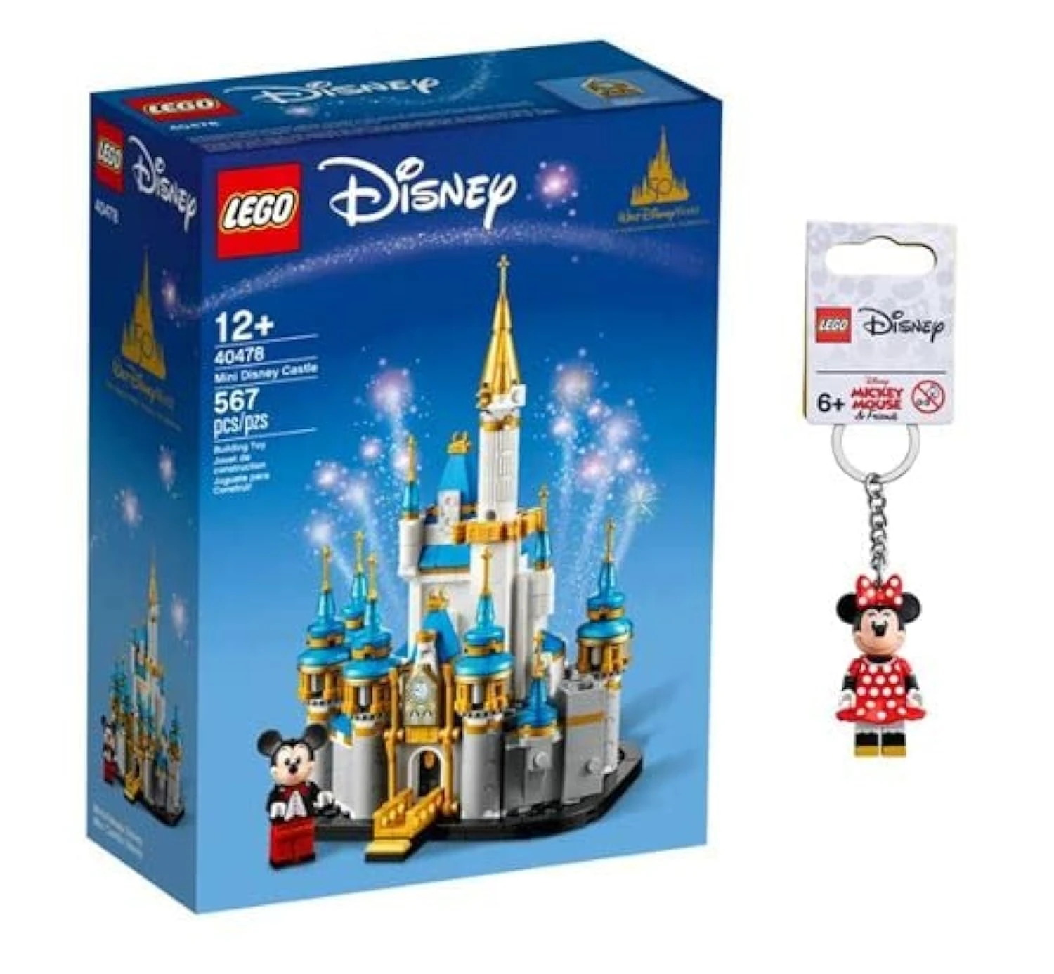 LEGO Disney 50th Anniversary Mini Disney Castle Building Kit + Minnie Mouse Keychain Gift Set (Mini Disney Castle + Minnie Keychain) (LDMC22)